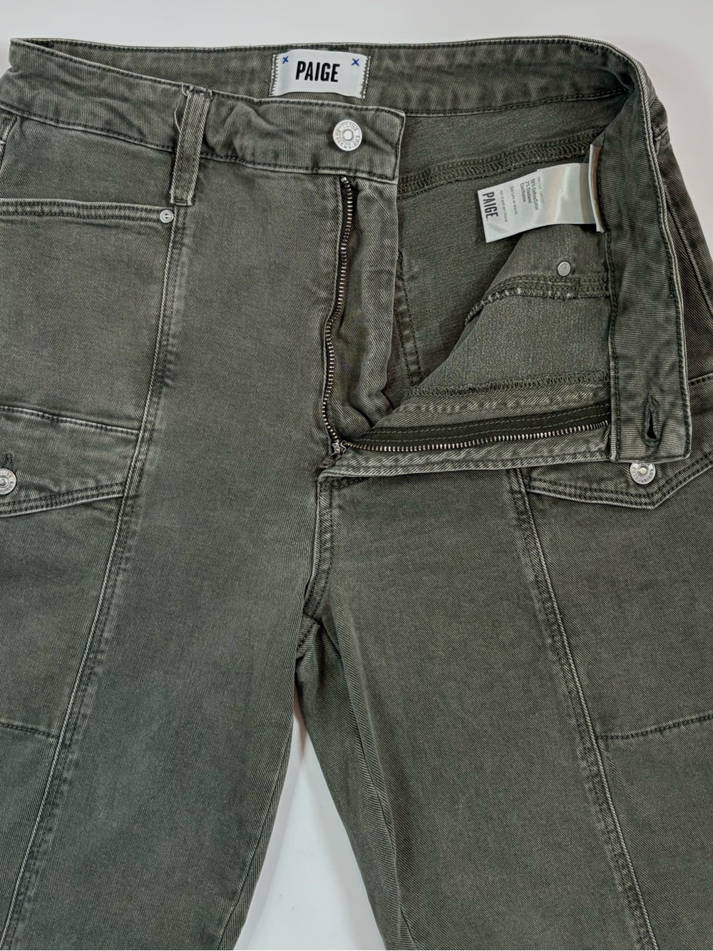 PAIGE Alexis Utility Barrel Leg Jeans Olive Green High Rise Crop Women’s 29 - Picture 7 of 14